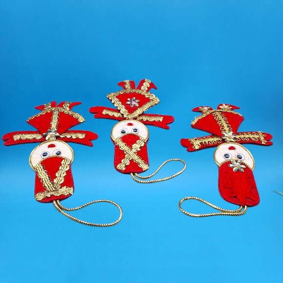 Vintage Red Felt Toy Soldier Ornaments w/ Googly Eyes & Gold Trim 1960s v1 - Picture 10 of 10